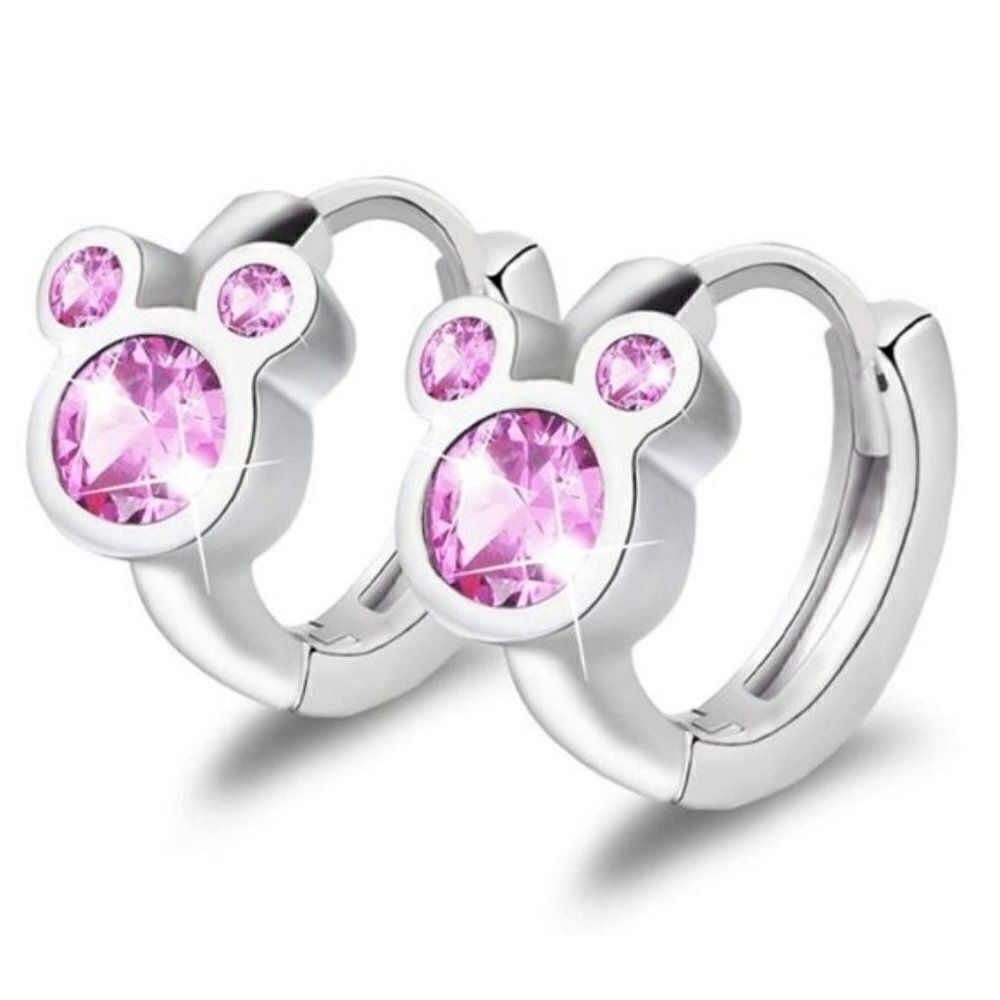 14K White Gold S925 Pink Sapphire Cubic Zirconia Mickey Mouse Huggie Earrings